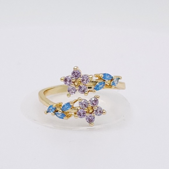 Adjustable Zircon Leaf & Flower Ring Gold Tone Purple & Blue Stones NWOT - Picture 15 of 15